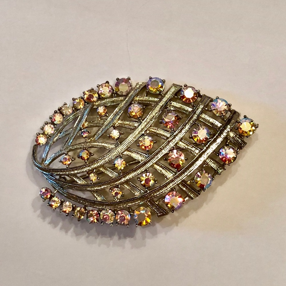 Vintage Coro Crystal Collector Silver Leaf Brooch